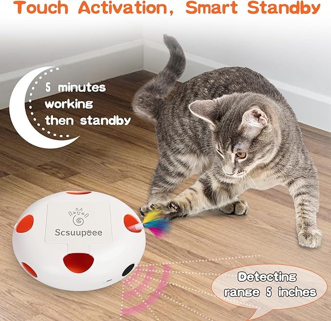 Interactive Cat Toy, Electric Cat Toys for Moving Concealed Feathers, Smart Sensor 7 Holes Whack a Mole Feather Toy, USB Charge Automatic Kitten Toys,White-Mewly Pet