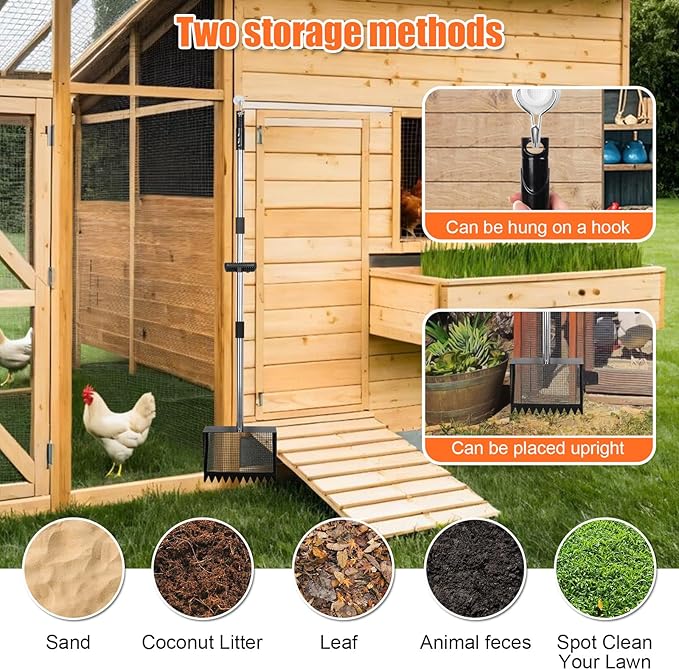 Chicken Poop Scooper and Rake with Ergonomic Handle, 2 in 1 Large Metal Chicken Coop Scoop for Poop with Adjustable Stainless Steel Pole, Sand Sifting Shovel for Chicken Coop Accessories-Mewly Pet