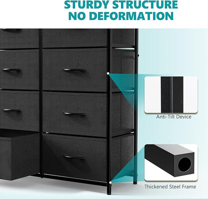 OLIXIS Dresser for Bedroom,8 Storage Fabric Drawers, Metal Frame and Wooden Top, Tall Storage Drawer Dresser for Closet with Easy Pull Handles for Living Room, Entryway, Small Space Black