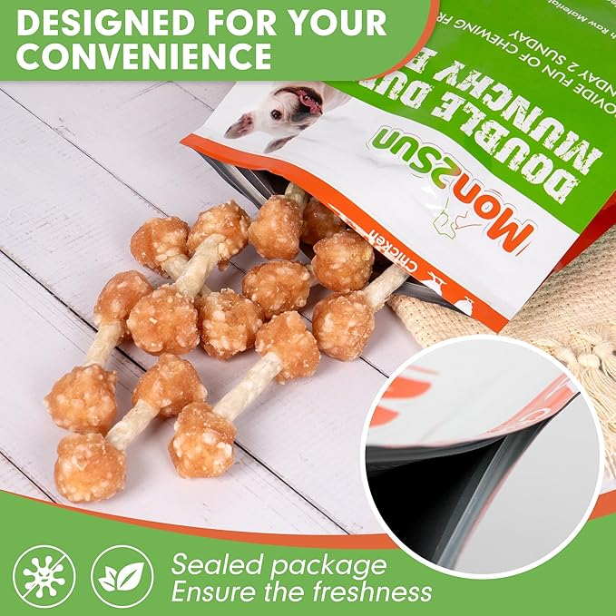 MON2SUN Dog Treats, 16oz Mini Rawhide Chews, Chicken Dumbbells with Rice for Small Dogs & Toy Breed, Crunchy and Healthy (2.5 Inch 30 Count)-Mewly Pet