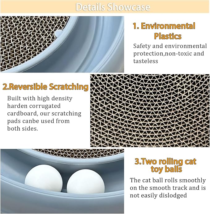 Interactive Cat Ball Track Toy for Indoor Cats, Cat Scratching Board & Exercise Set for Bored Indoor Adult and Kitten Mental & Physical Stimulation, with Spare Ball to Prevent Loss (Grey)-Mewly Pet