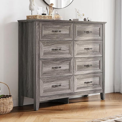 LINSY HOME Farmhouse 8-Drawer Dresser - Grey Chest of Drawers for Bedroom and Living Room Organization, Wood Dresser with Ample Storage Space and Rustic Charm