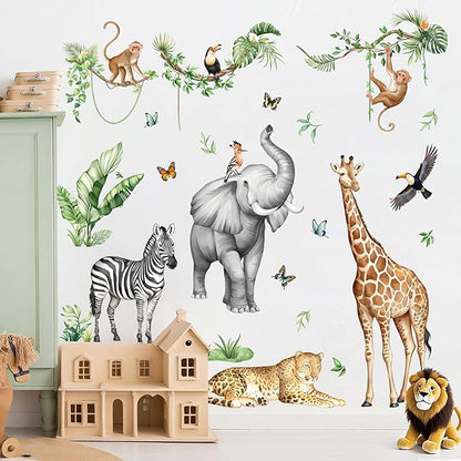 Jungle Safari Animal Wall Decals for Kids Room - Wildlife Wall Stickers Giraffe Elephant Leopard Zebra Monkey Removable Vinyl Nursery Decor for Baby Toddlers Classroom Playroom Wall Decor