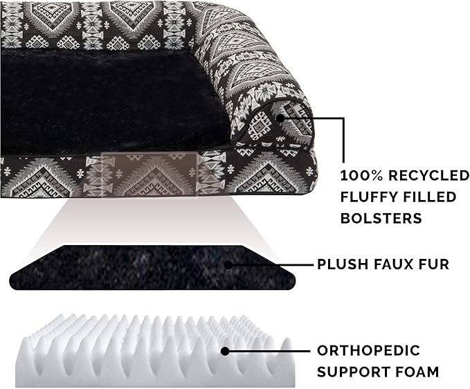 Furhaven Orthopedic Dog Bed for Large/Medium Dogs w/ Removable Bolsters & Washable Cover, For Dogs Up to 55 lbs - Plush & Southwest Kilim Woven Decor Sofa - Black Medallion, Large-Mewly Pet