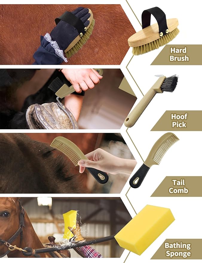 9 Pieces Horse Grooming Kit, Tack Room Supplies Set with Tote Bag, Horse Brush Set for Effective Cleaning and Bathing, Professional Equine Coat Care Kit for Horse Riders Beginner-Mewly Pet