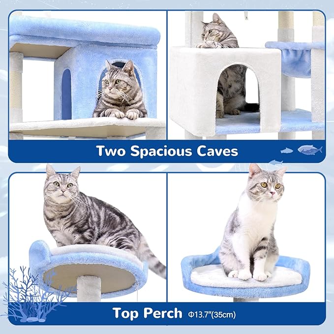 Globlazer Heavy Duty Cat Trees for Large Cats, Sturdy 72in Maine Coon Cat Tree for Large Cats 20 lbs+ Heavy Duty Cat Tower for Adult Biggest Cat with 6 Scratching Posts, Hammock, S72, Ocean Blue-Mewly Pet
