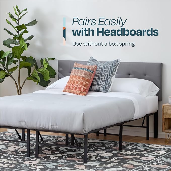 Linenspa 10” Memory Foam and Innerspring Hybrid Mattress + 14” Black Metal Platform Bedframe – Full Mattress + Metal Folding Full Bedframe
