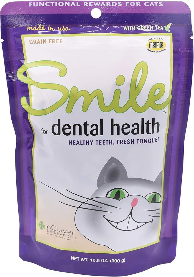 Smile Daily Dental Health Soft Chews for Cats, Support Healthy Teeth and Fresh Tongue with Catnip and Green Tea, Prebiotics, and Chlorophyll for Fresh Breath, 10.5 oz-Mewly Pet
