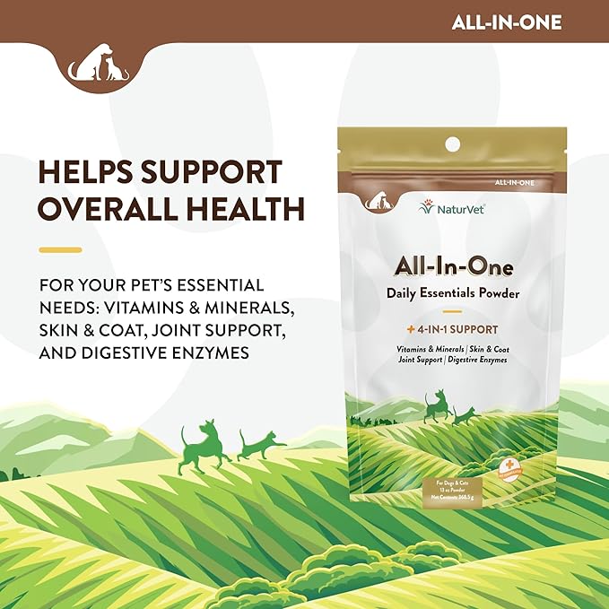 NaturVet All-in-One Dog Supplement - for Joint Support, Digestion, Skin, Coat Care – Dog Multivitamins with Minerals, Omega-3, 6, 9 – Wheat-Free Vitamins for Dogs – 13-Ounce Powder-Mewly Pet