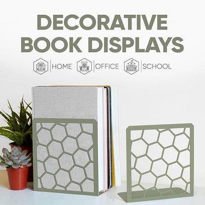 GEOMOD Geometric Honeycomb Sage Metal Bookends Decorative - Tall Sturdy Book Ends for Shelves - Modern Heavy Duty Bookend Stopper - Office or Home Book Shelf Holder - 6x3.25x6.25 Inches-1 Pair