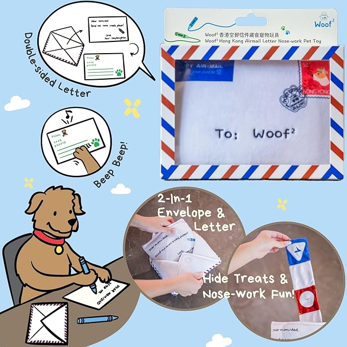 Hong Kong Airmail Soft Plush Nose-Work Squeaky Dog Toy - Durable & Cute 2-in-1 Envelope & Letter for Interactive Play, Extendable Cloth to Hide Food for Puzzle Fun, Small Medium Dogs-Mewly Pet