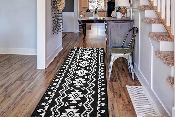 Custom Length Cut to Size Tribal Ethnic Southwestern Inspired Hallway Runner Rug, Non Slip Rubber Backed, 31 inch Wide X Customized Length, Aztec Black, 31 inch X 33 feet