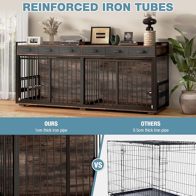 86.6Inch Large Double Dog Crate Furniture,Heavy Duty Metal Frame Dog Crate Kennel with Adjustable Feeder Bowls and Removable Divider&Drawers,Chew-Resistant Dog Kennel for 2 Dogs Indoor-Mewly Pet