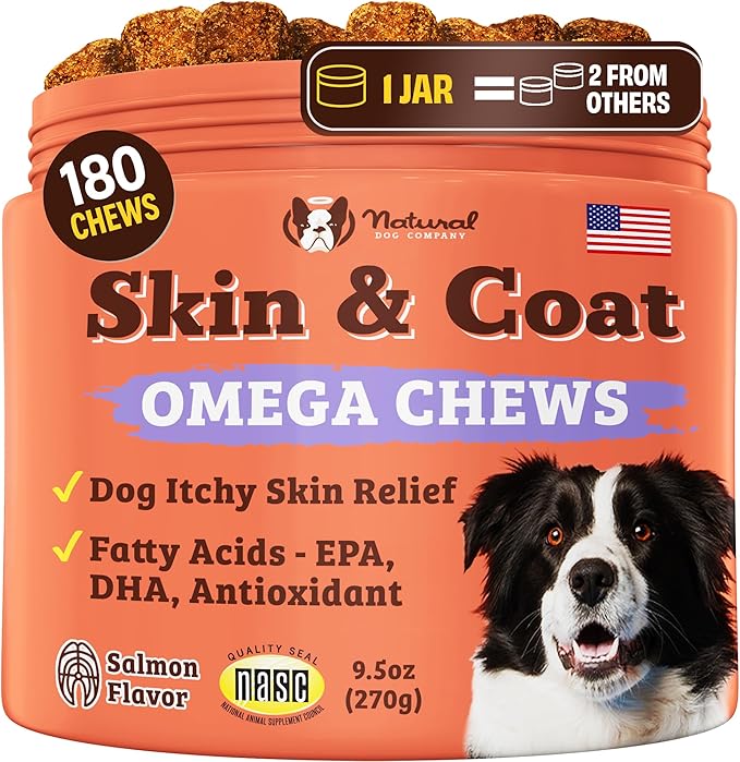 Natural Dog Company Skin & Coat Supplement for Dogs Omega-3 Rich Salmon Oil Chews for Itchy Skin Relief, Shedding & Allergy Support, Shiny Coat Health, with Biotin, Vitamin E, Grain-Free (180 Count)-Mewly Pet