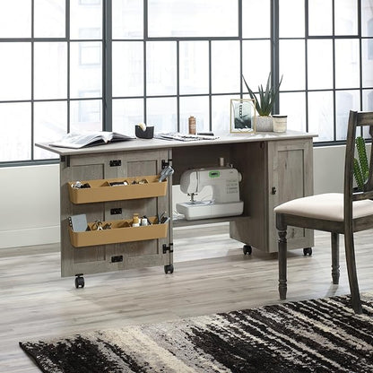 Sauder Craft Cart Storage Cabinet, Rolling Sewing Table with Expandable Top, Mystic Oak