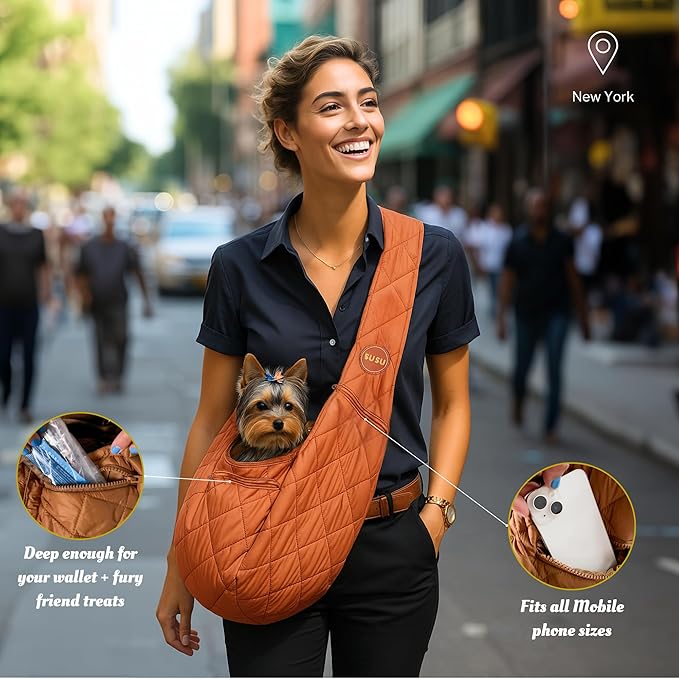Small Dog Carrier Sling – Copper Brown Hands‑Free 2‑in‑1 Cross‑Body & Handheld Pet Sling for Small Dogs up to 10 lbs, Parachute‑Grade Rip‑Stop Nylon, Padded Strap & Safety Tether-Mewly Pet