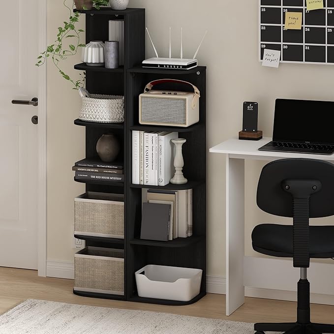 Furinno PASIR Book Shelf, 5-Tier Corner Bookshelf, Open Shelves Bookcase 9.3" x 12" x 51.7", for Living Room, Bedroom, Home Office, Blackwood