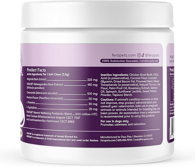 Fera Pets Dog Calming Chews with Ashwagandha & Priome® Mental Wellbeing Postbiotic Blend - Supports Anxiety Relief - Promotes Relaxation - 90 Soft Chews-Mewly Pet