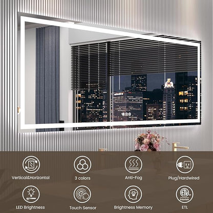 84"X32" LED Bathroom Mirror with Front Lights and Backlit, Anti-Fog, Dimmable, Shatter-Proof Tempered Glass, Lighted Bathroom Vanity Mirror for Wall with 3 Colors, Memory Function