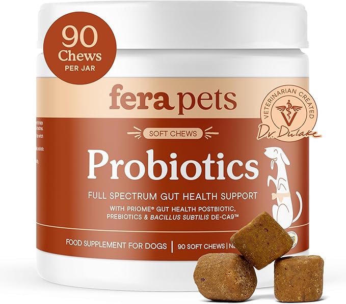 Fera Pets Probiotics for Dogs with Prebiotics and Postbiotics - Full Spectrum Gut Health Support - Promotes a Balanced Gut Microbiome - Boosts Immune Health - 90 Soft Chews-Mewly Pet