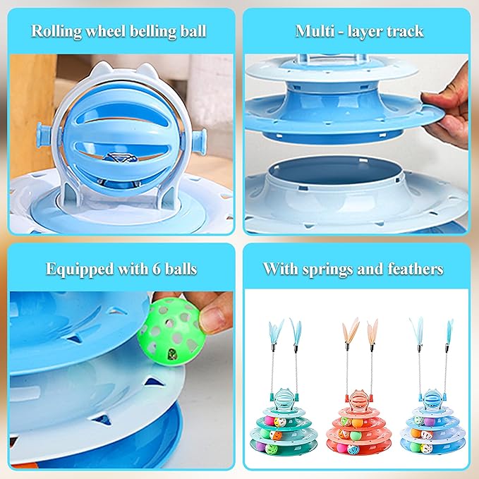 Vealind Cat Toy Roller 4-Level Turntable Cat Toys Balls with Colorful Pom Pom Balls Interactive Fun Mental Physical Exercise Puzzle Kitten Toys (Blue)-Mewly Pet