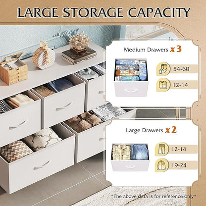 WLIVE Dresser for Bedroom with 5 Drawers, Wide Chest of Drawers, Fabric Dresser, Storage Organization Unit with Fabric Bins for Closet, Living Room, Hallway, White
