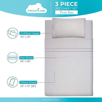 DREAMCARE Twin Sheets Set – 3pcs Cooling Sheets – up to 15” Deep Pocket Twin Sheet Set – Hotel Luxury Sheets & Pillowcases – Superior Softness 100% Fine Microfiber with Side Pocket – Light Gray