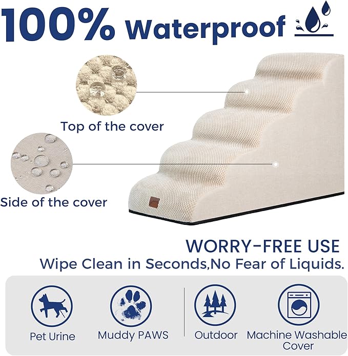 GoGoBunny Ramp Dog Stairs for High Beds 22.6" H, 5-Step Dog Slope Stairs with Durable Waterproof Fabric Cover, Pet Steps for Old Large Dogs Climbing, Non-Slip Sturdy Indoor Step, Beige-Mewly Pet