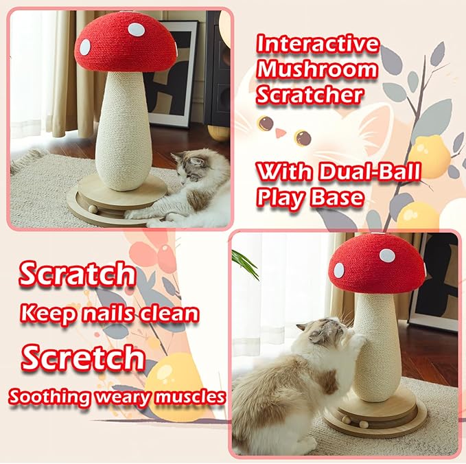 Cat Scratching Post Mushroom Cat Tree with Natural Sisal, Weighted Base & Interactive Ball - for Kittens to Adult Cats - Perfect for Indoor Cats (Red, Large 21 in, 7)-Mewly Pet