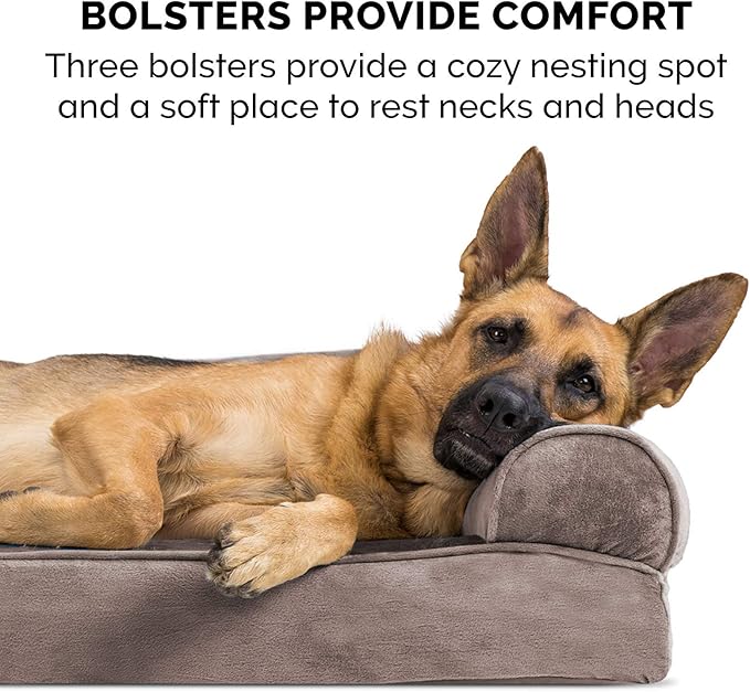 Furhaven Orthopedic Dog Bed for Large/Medium Dogs w/ Removable Bolsters & Washable Cover, For Dogs Up to 55 lbs - Faux Fur & Velvet Sofa - Driftwood Brown, Large-Mewly Pet