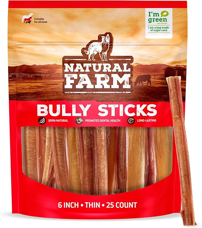 Natural Farm Odor-Free Thin Bully Sticks (6”, 25-Pack) All-Natural Long-Lasting Dog Chews, 100% Beef Pizzle, Grass-Fed, Grain-Free, Protein for Muscle Development & Energy, Perfect for Medium Chewers-Mewly Pet