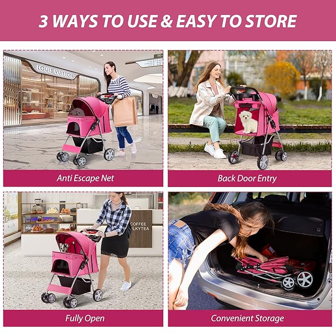 4 Wheels Pet Stroller for Small Medium Dogs Cats 10-33 lbs, Foldable Dog and Cat Stroller with Cup Holder & Storage Basket & Breathable Mesh, Pet Strolling Cart for All-Season, Pink-Mewly Pet