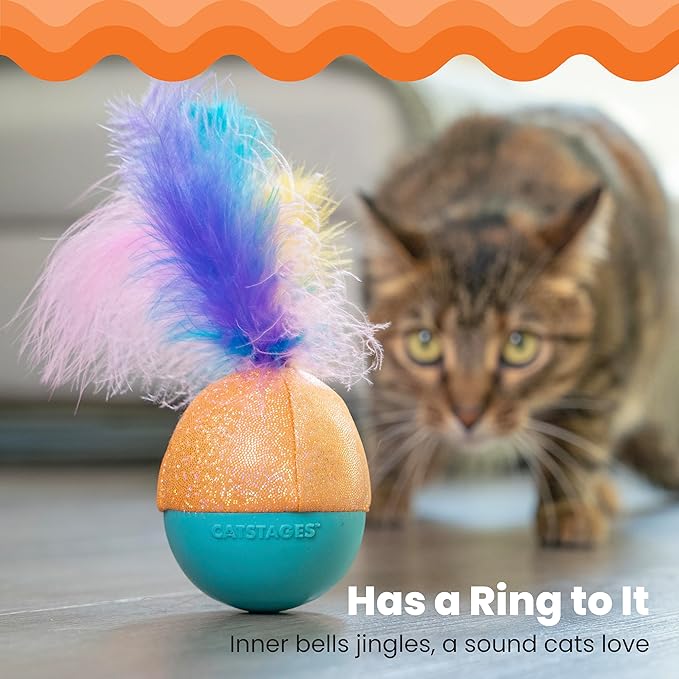 Catstages Whack N' Wobble Ball Intearctive Cat Toy, Weighted Ball with Feathers, Bell, Glitter Fabric & Catnip Oil, Turquoise-Mewly Pet