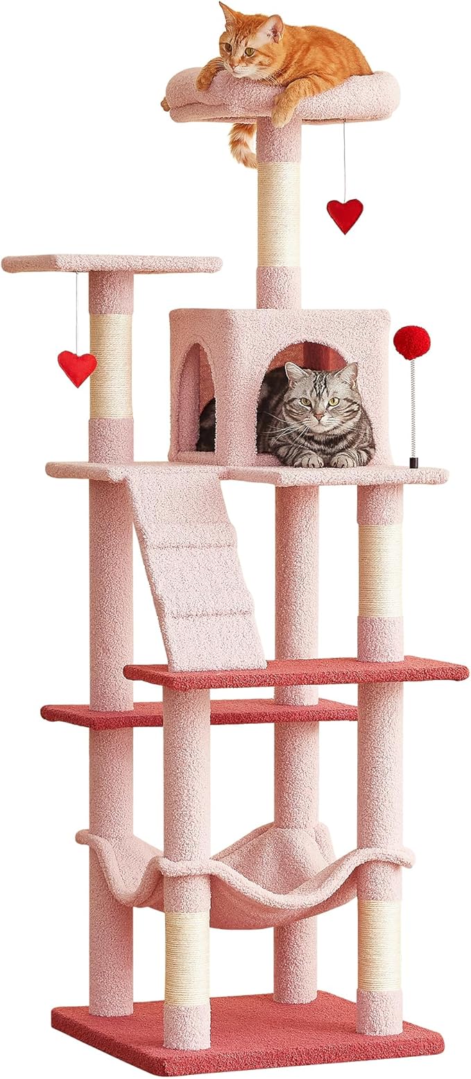 MWPO Cute Cat Tree, 63.8-Inch Pink Cat Tower for Indoor Cats, Multi-Level Cat Condo with 5 Scratching Posts, 2 Perches, Hammock, Dangling Toys-Mewly Pet