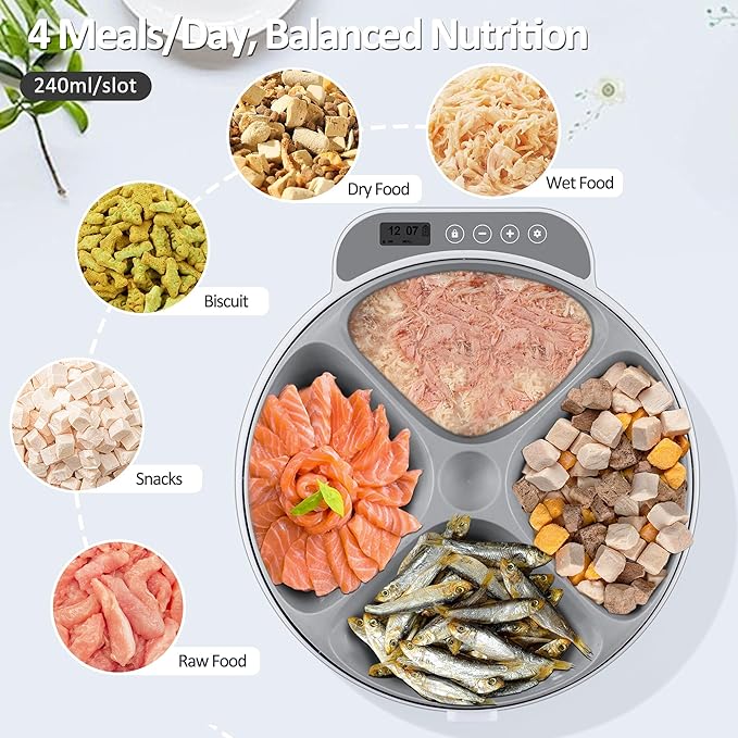 Automatic Cat Feeder Wet Food, Battery Operated Auto Wet/Dry Food Feeder with 2 Ice Packs, Cordless Programmable Timer Pet Auto Dispenser for Cat and Small & Medium Dog (4-Meals & Battery Included)-Mewly Pet