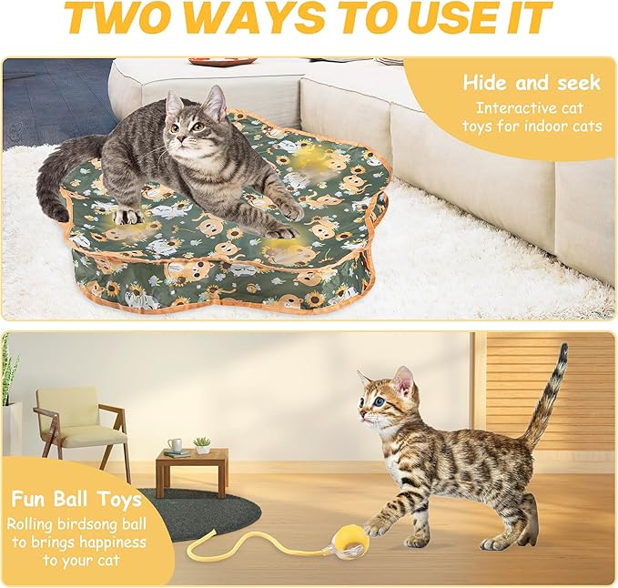 Interactive Cat Toys, Indoor Hide and Seek Toys, Fast Rolling Ball in Play Mat, Interactive Cat Toys for Indoor Cats, Rechargeable Cat Ball Toys-Mewly Pet