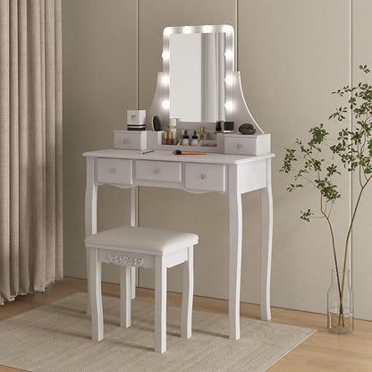 CHARMAID Vanity Desk with Mirror and Lights, Makeup Vanity Table with 5 Storage Drawers, 3 Color Lighting Modes, Adjustable Brightness, Modern Bedroom Dressing Table with Vanity Stool, White