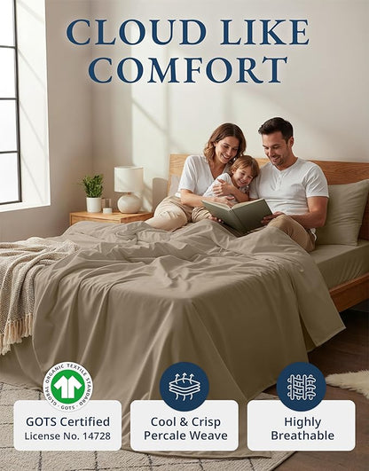 LANE LINEN 100% Organic Cotton California King Sheets Set, 4-Piece Organic Cotton Percale Weave Ultra Soft & Comfy Machine Washable Mercerized Bed Sheets, Fits Mattress Upto 15" Deep - Taupe