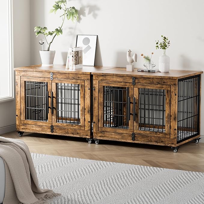 Lulive Dog Crate Furniture, Dog Kennel Indoor Double Doors Wooden Dog Cage, 32'' Heavy Duty Dog Crate with Cushion & Wheels, Decorative End Table Pet House Chew-Resistant for Medium/Small, Brown-Mewly Pet
