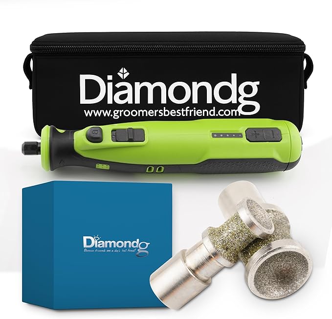 Diamondg Cordless Dog Nail Grinder with Quiet Sound & LED Tip for Large & Small Dogs, 4hrs. Runtime, 2 Bits Included, Green-Mewly Pet