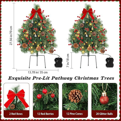 Lewondr Set of 2 Prelit Pathway Christmas Trees, 27.56" Outdoor Christmas Tree with 50 LED Lights, Pine Cones Red Berries, Battery Operated Outdoor Xmas Decor for Yard Home Porch, Green