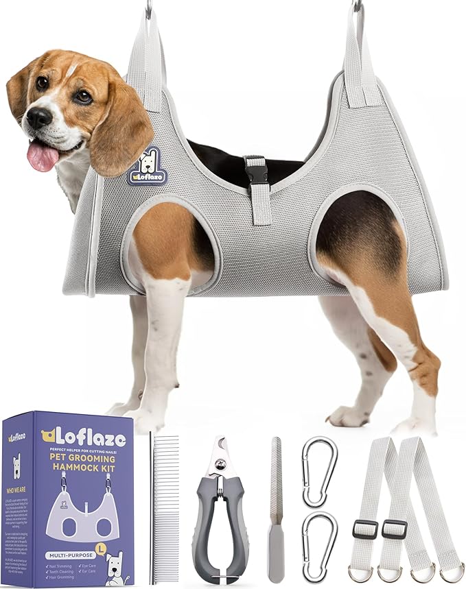 Dog Grooming Hammock Harness for Dogs & Cats with Pet Nail Clipper Trimmer - Cat Hanger Sling for Trimming Clipping Nails- Dog Hammock Restraint Bag for Small Medium Large pet （ Grey L ）-Mewly Pet