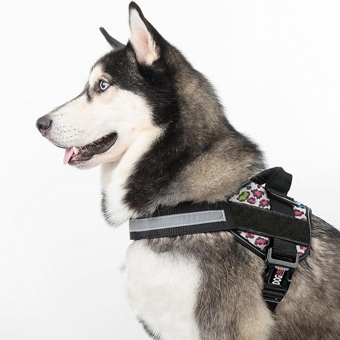 Dogline Dog Harness, Reflective No-Pull Adjustable Vest with Handle for Walking, Training, Breathable, No - Choke Harness for Small, Medium or Large Dogs Room for Patches Leopard Rainbow M 22"-28"-Mewly Pet