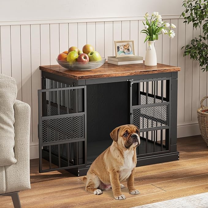 VOPEAK 27.5" Dog Crate Furniture, Chew Resistant Dog Crate for Small Dogs Puppy, Heavy Duty Dog Crates Dog Kennel Cage Indoor with Double Doors, Wooden End Table for Bedroom Living Room, Black-Mewly Pet