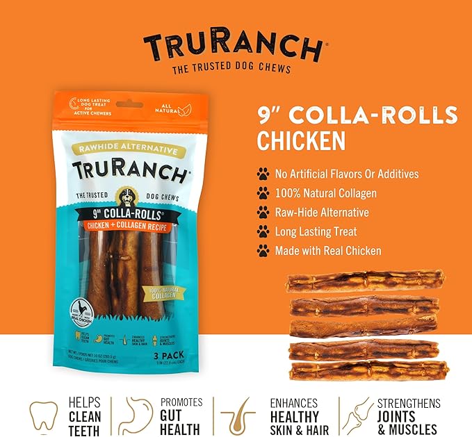 Collagen Rolls - 9" Collagen Rolls for Dogs - Long Lasting Healthy Joint Support Dog Treat - Rawhide Alternative - Skin & Coat Health - Made with Real Chicken, 1 Bag, 3 Count-Mewly Pet