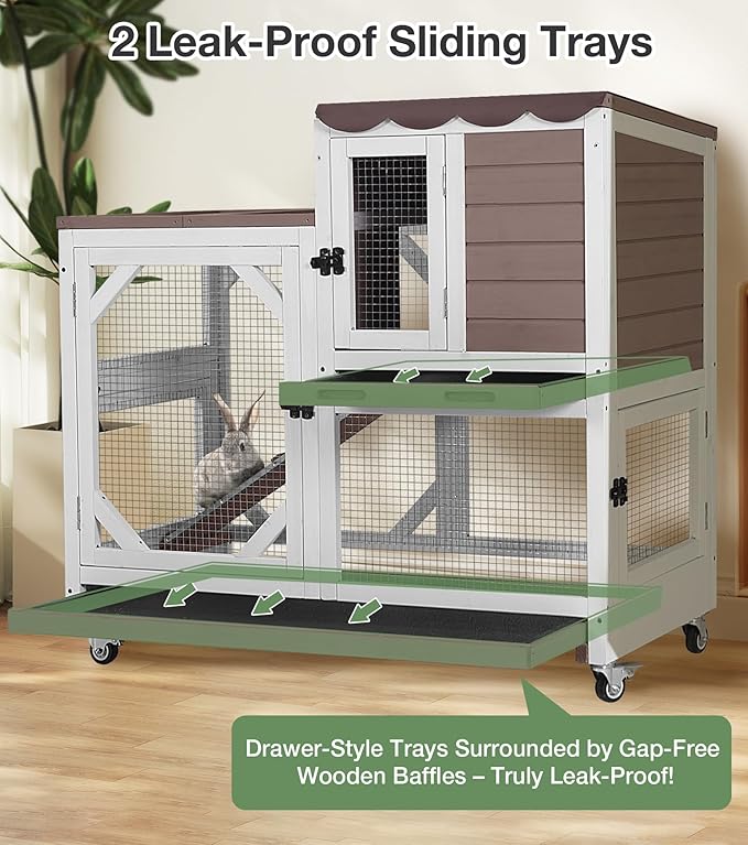 Rabbit Hutch 2-Story Wooden Bunny Cage with 2 Leak-Proof Sliding Trays, Chew-Proof Metal Mesh, Rainproof Cover, Indoor & Outdoor Guinea Pig House with Wheels - Brown-Mewly Pet