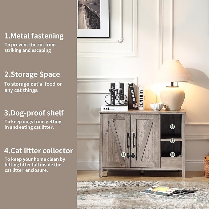 31.9'' Small Cat Litter Enclosure,Adjustable Shelf for Dog Proof and Storage,Locks Added for cat,Cat Litter Collector,Small Indoor Cat House,Grey-Mewly Pet