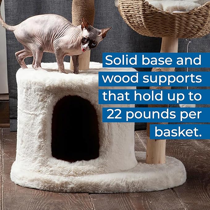 The Bungalow Cat Tree - Luxury Cat Condo, Large Modern Indoor Tower with 2 Faux Fur Beds, Scratching Posts, Toys, and Den for Cats, 23.5-Inch Width x 18-Inch Depth x 43-Inch Height-Mewly Pet