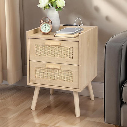 Finnhomy Nightstand with Charging Station, Bedside Table with 2 Hand Made Rattan Decorated Drawers, Night Stand with Storage for Bedroom, Natural, Set of 2
