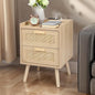 Finnhomy Nightstand with Charging Station, Bedside Table with 2 Hand Made Rattan Decorated Drawers, Night Stand with Storage for Bedroom, Natural